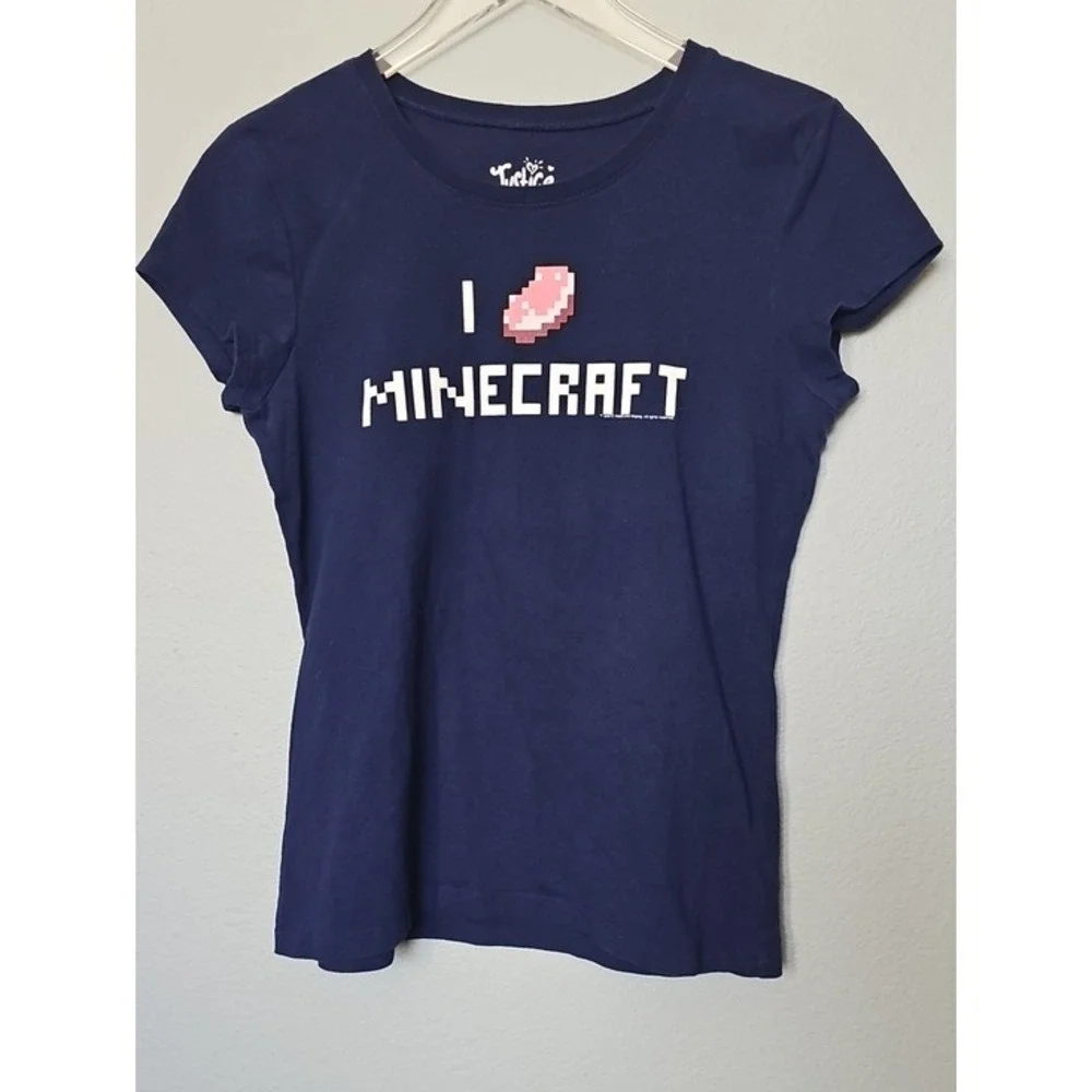 Justice Girls Minecraft Graphic T Shirt Navy Blue Pixel Art Steak Size 16 Gamer